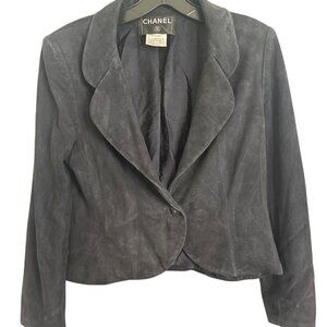 Chanel Navy Suede Goat Skin Jacket W/Silk Lining Size 42 Made In France Small SM